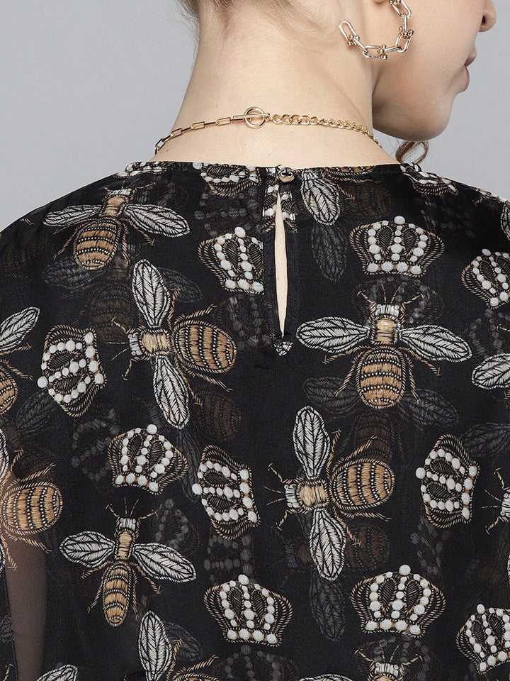 SASSAFRAS Black & White Beetle Print Layered Top