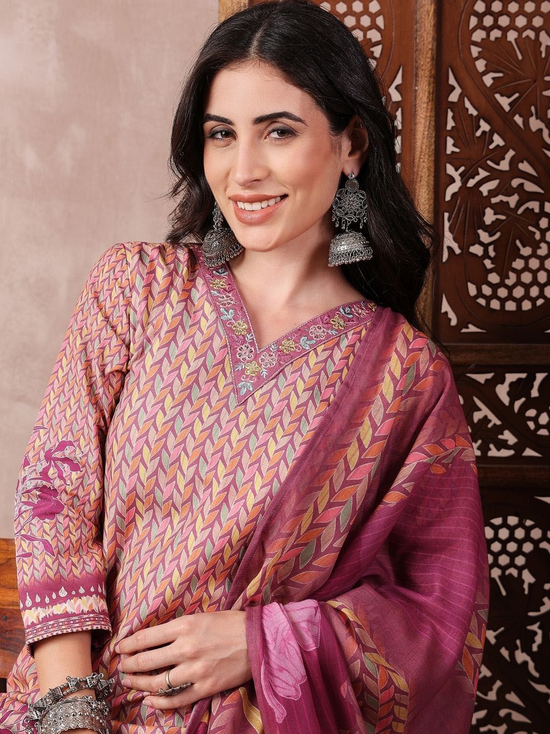 KALINI Floral Printed Straight Thread Work Kurta with Trousers & Dupatta