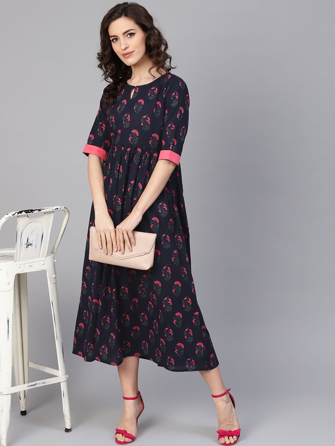 Gerua By Libas Women Navy Blue  Pink Printed Midi A-Line Dress
