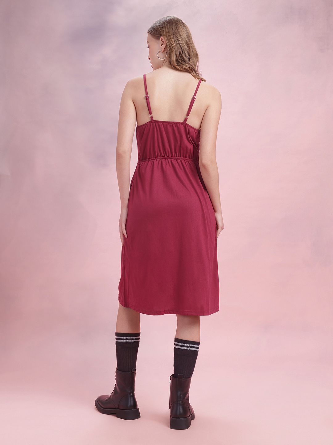 DressBerry Gathered Detail Shoulder Straps A-Line Wrap Dress with Mock Buttons