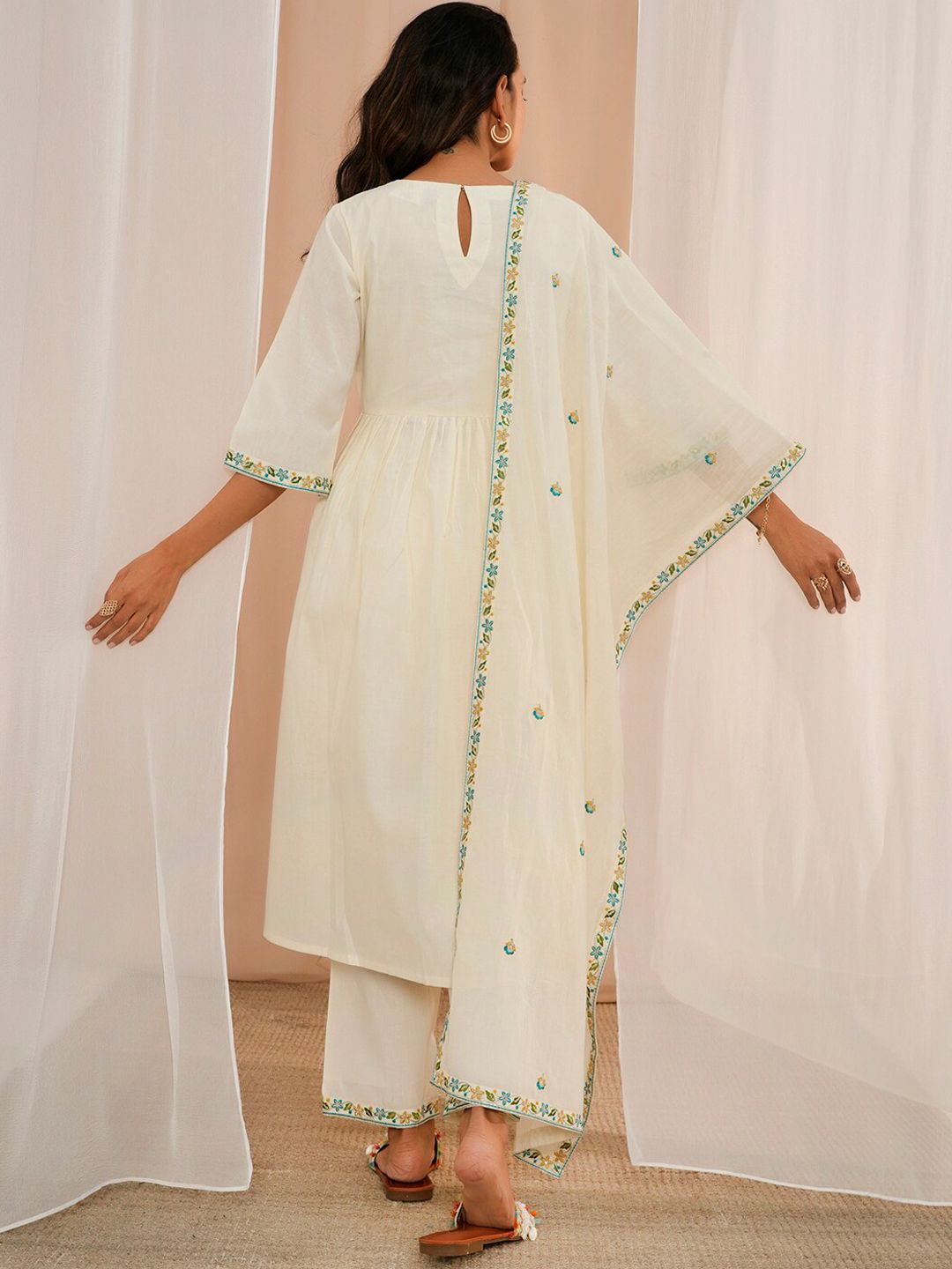 Libas Floral Yoke Design Pleated Thread Work Pure Cotton Kurta With Palazzos & Dupatta