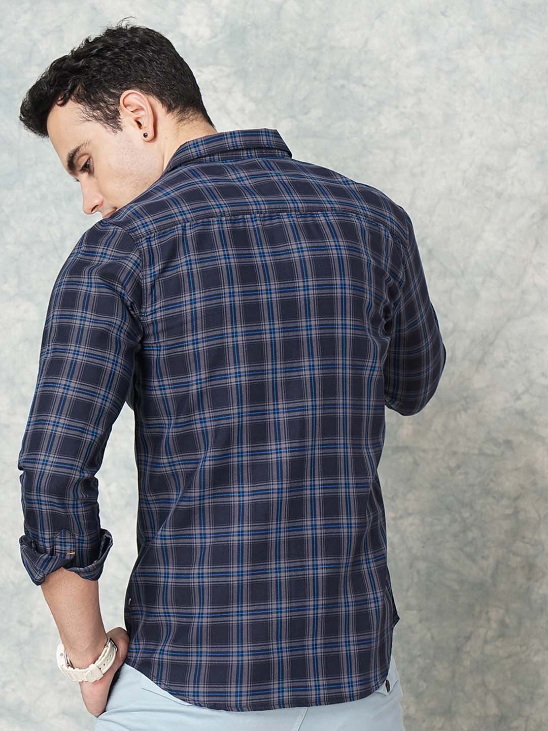 The Indian Garage Co Men Navy Blue Slim Fit Tartan Checks Casual Shirt