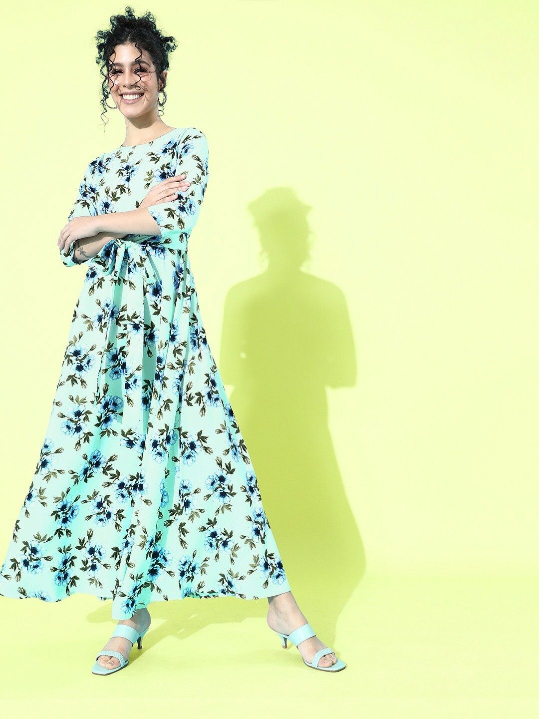 Berrylush Green Floral Crepe Maxi Dress