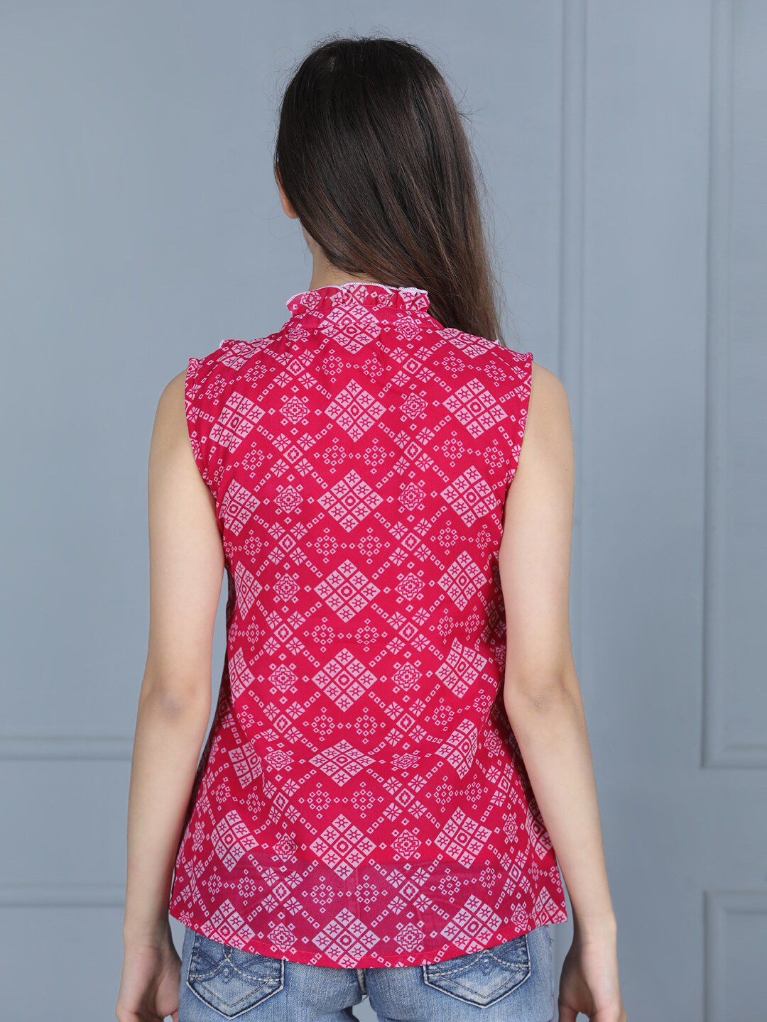 Cutiekins Pink Print Mandarin Collar Crepe Shirt Style Top