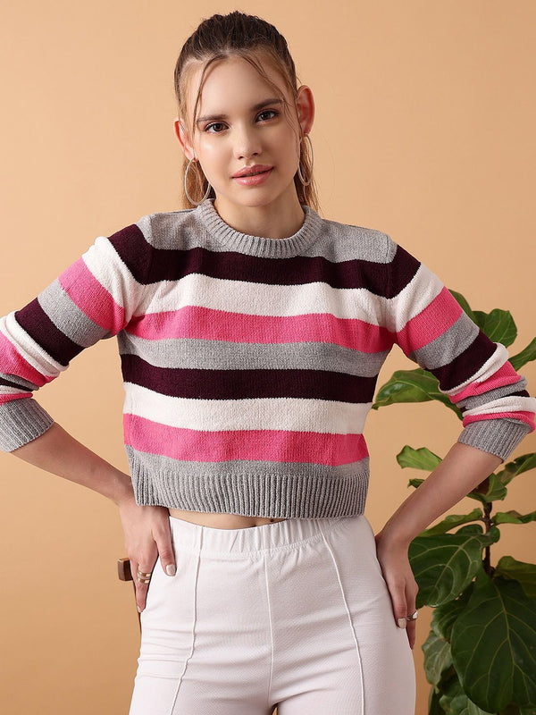 STREET 9 Striped Crop Acrylic Sweater