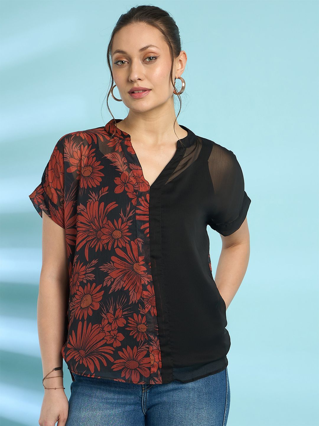 Antheaa Floral Print Mandarin Collar Chiffon Shirt Style Top