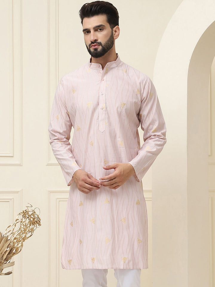SOJANYA Geometric Embroidered Mandarin Collar Cotton Silk Straight Kurta