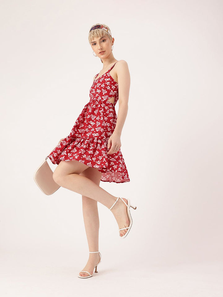 DressBerry Classy Chic Floral Printed Cut-Outs Smocked A-Line Mini Dress