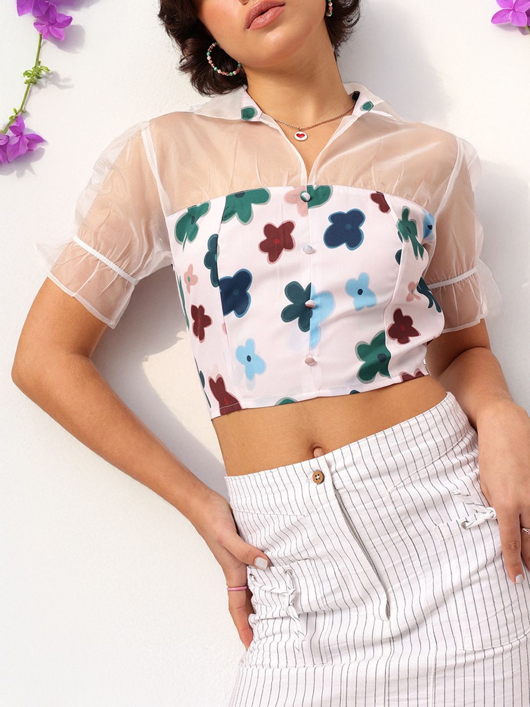 DressBerry Bold Sheer Floral Printed Shirt Style Net Detail Crop Top