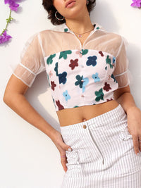 DressBerry Bold Sheer Floral Printed Shirt Style Net Detail Crop Top