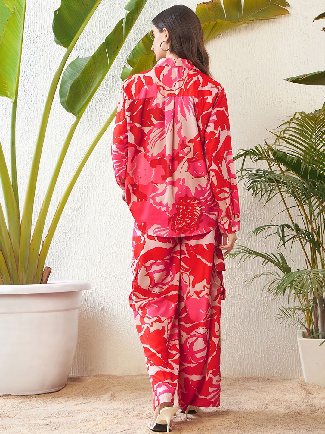 SASSAFRAS Red Floral Printed Oversize Shirt with Cargos