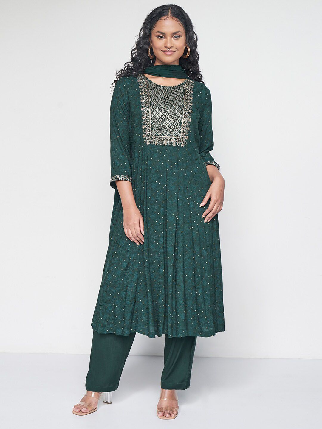 Global Desi Embroidered Kurta with Palazzos & With Dupatta