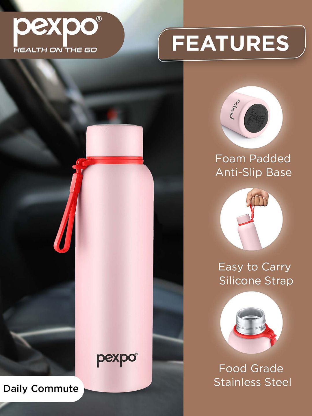 Pexpo Bravo Baby Pink ISI Certified Thermosteel Hot & Cold flask Insulated Water Bottle 1L