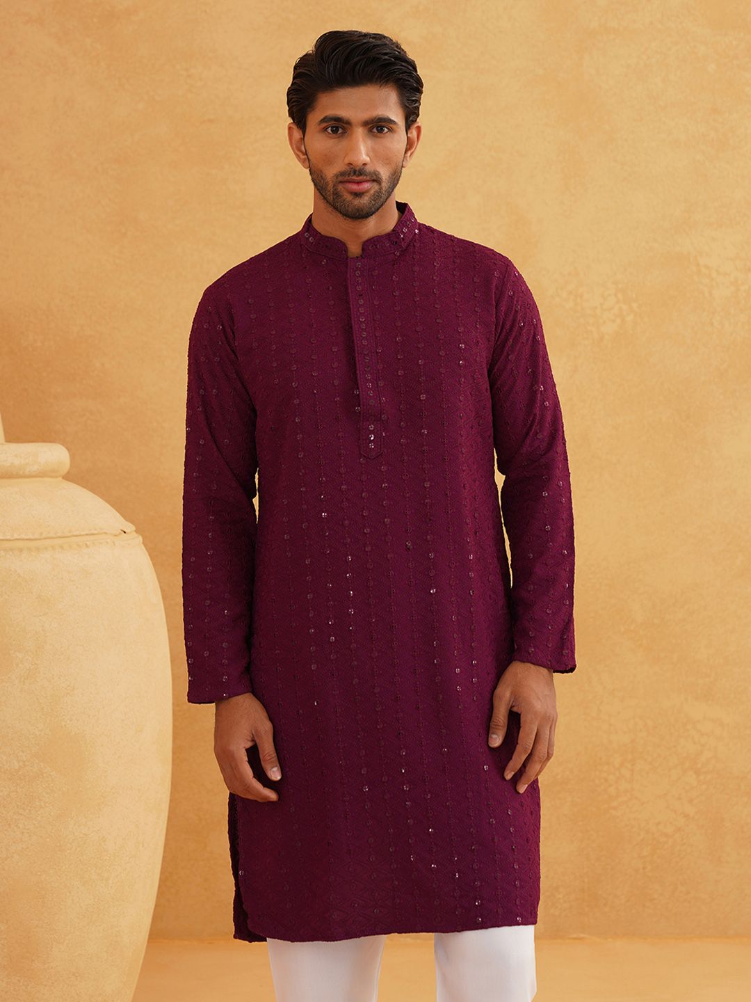 SOJANYA Ethnic Motifs Embroidered Regular Sequinned Pure Cotton Kurta with Churidar