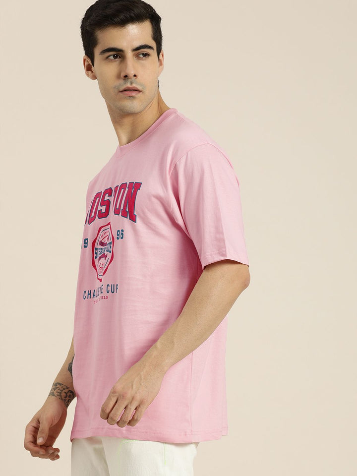 DILLINGER Men Pink & Blue Printed Drop-Shoulder Sleeves Pure Cotton Oversized  T-shirt