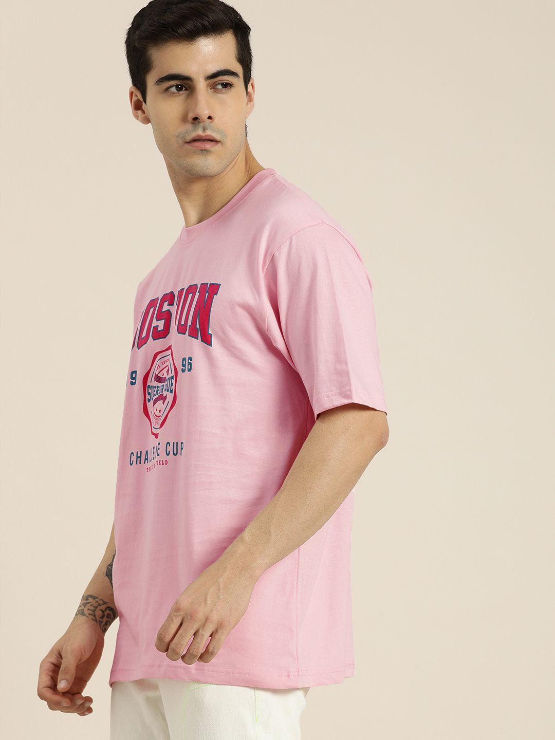 DILLINGER Men Pink & Blue Printed Drop-Shoulder Sleeves Pure Cotton Oversized  T-shirt