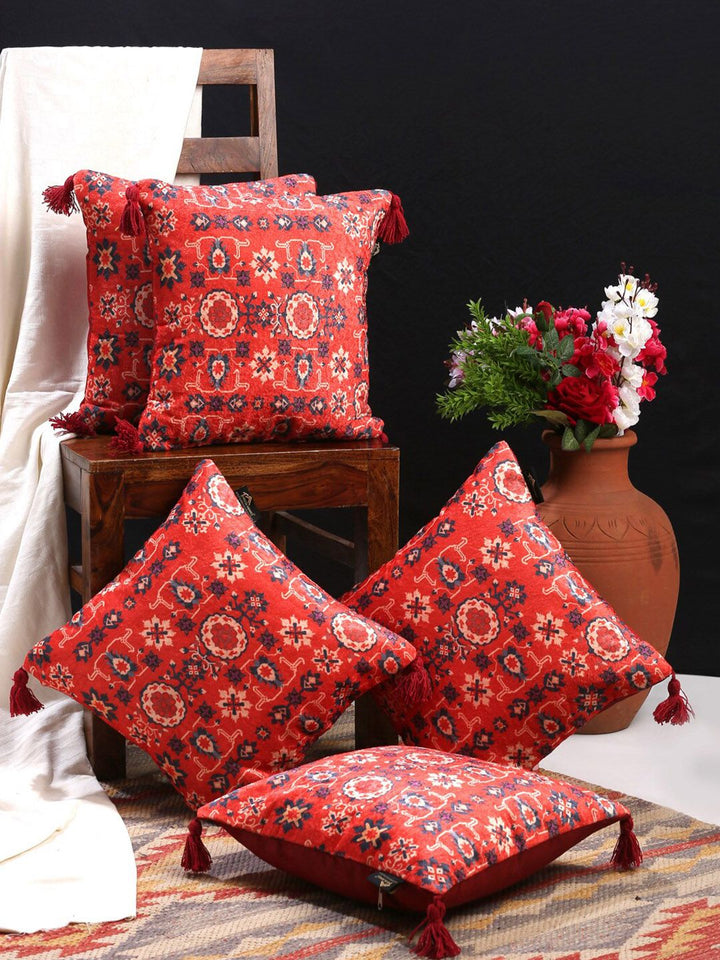 HOSTA HOMES Red & Blue Set of 5 Ethnic Motifs Velvet Square Cushion Covers
