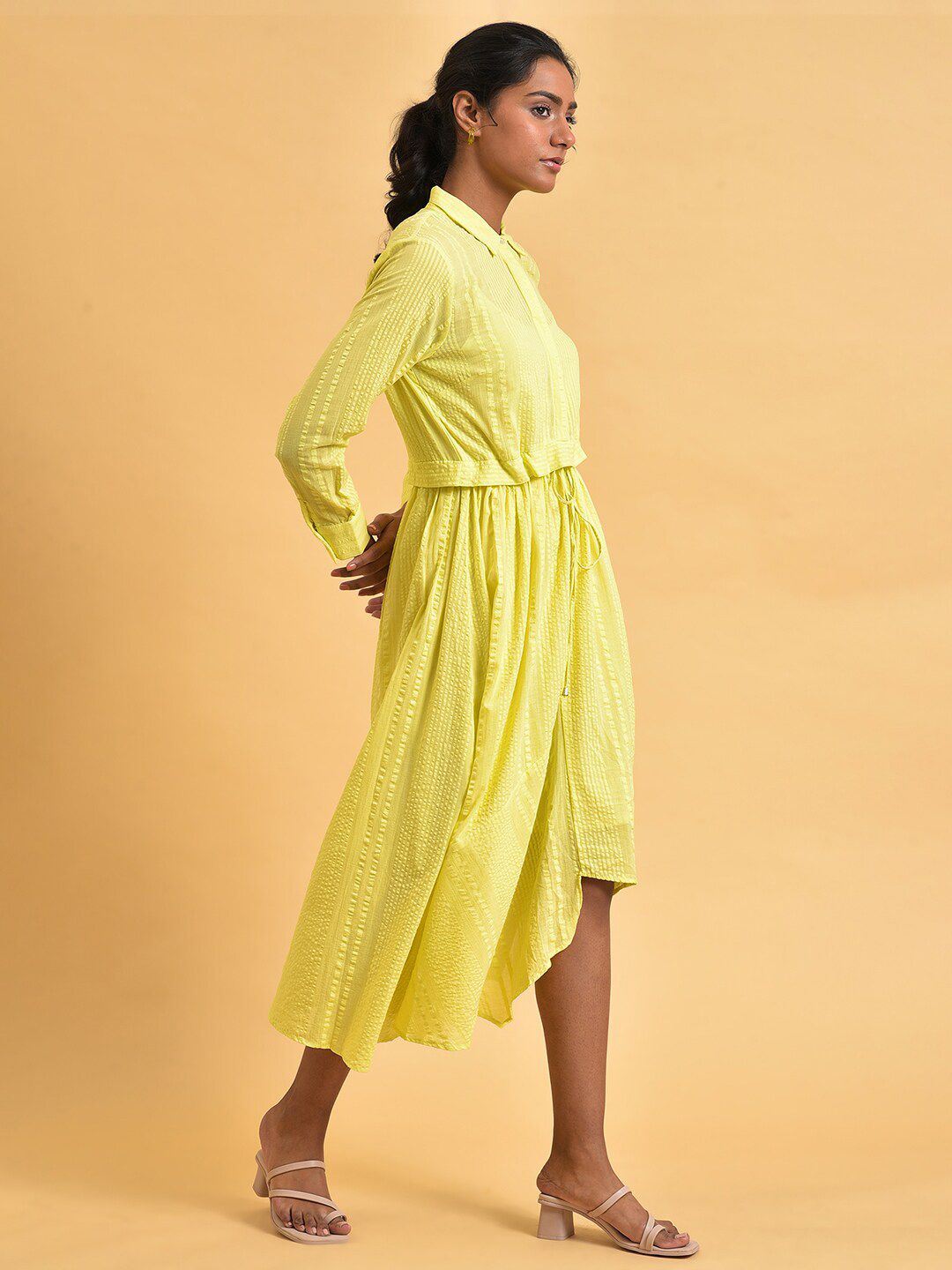 W Cuffed Sleeve Shirt Midi Cotton Dress