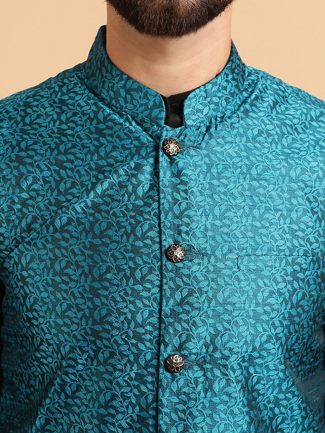 SOJANYA Men Black & Teal Blue Jacquard Woven Design Kurta with Churidar & Nehru Jacket