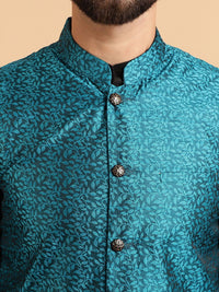SOJANYA Men Black & Teal Blue Jacquard Woven Design Kurta with Churidar & Nehru Jacket