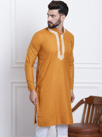 Anug oleh SOJANYA Men Mustard Yellow Yoke Design Patchwork Pure Cotton Kurta