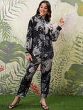Vishudh Black & White Floral Printed Shirt Collar Top &Trouser Co-Ords