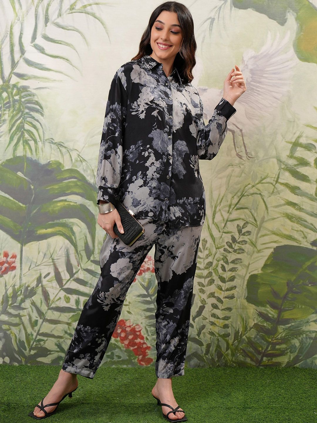 Vishudh Black & White Floral Printed Shirt Collar Top &Trouser Co-Ords
