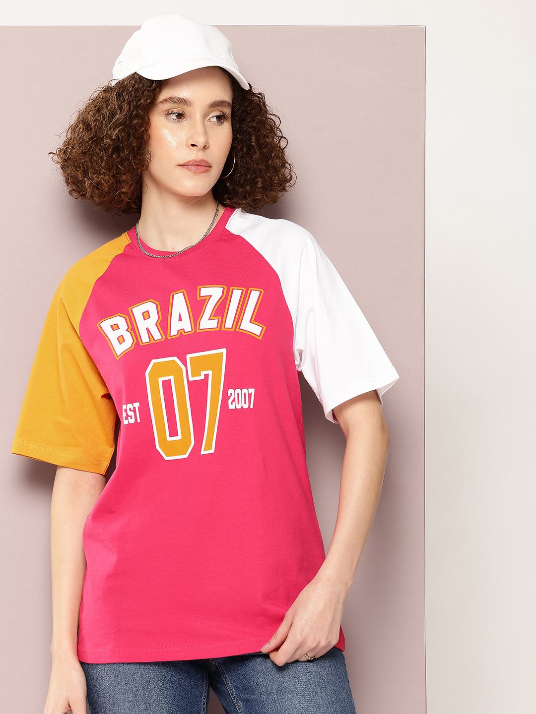 DILLINGER Women Colourblocked Embossed Pure Cotton Oversized T-shirt