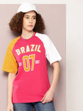 DILLINGER Women Colourblocked Embossed Pure Cotton Oversized T-shirt