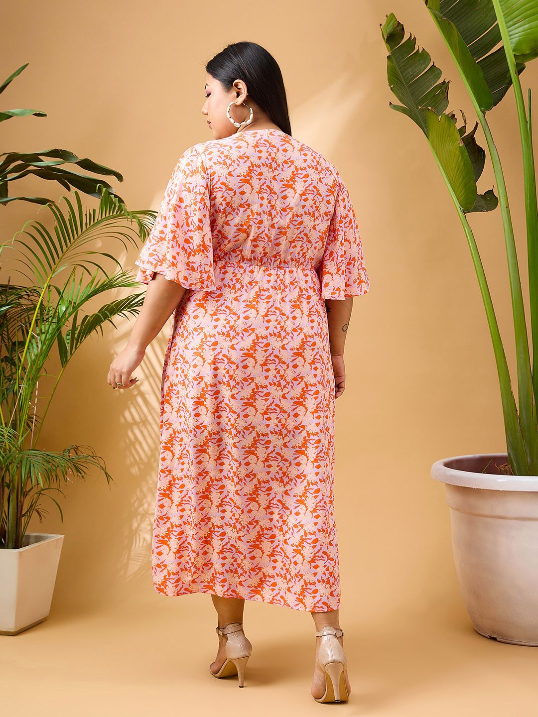SASSAFRAS Curve Plus Size Floral Printed V-Neck Flared Sleeves Fit and Flare Midi Dress