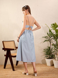 SASSAFRAS Blue Striped Shoulder Strap Cotton Midi Dress