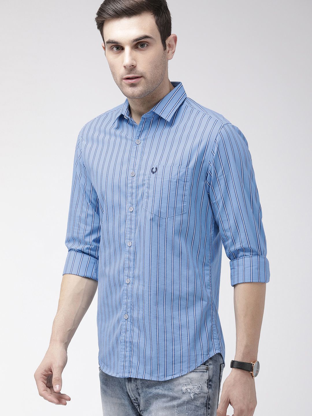 The Indian Garage Co Men Blue & White Slim Fit Striped Casual Shirt