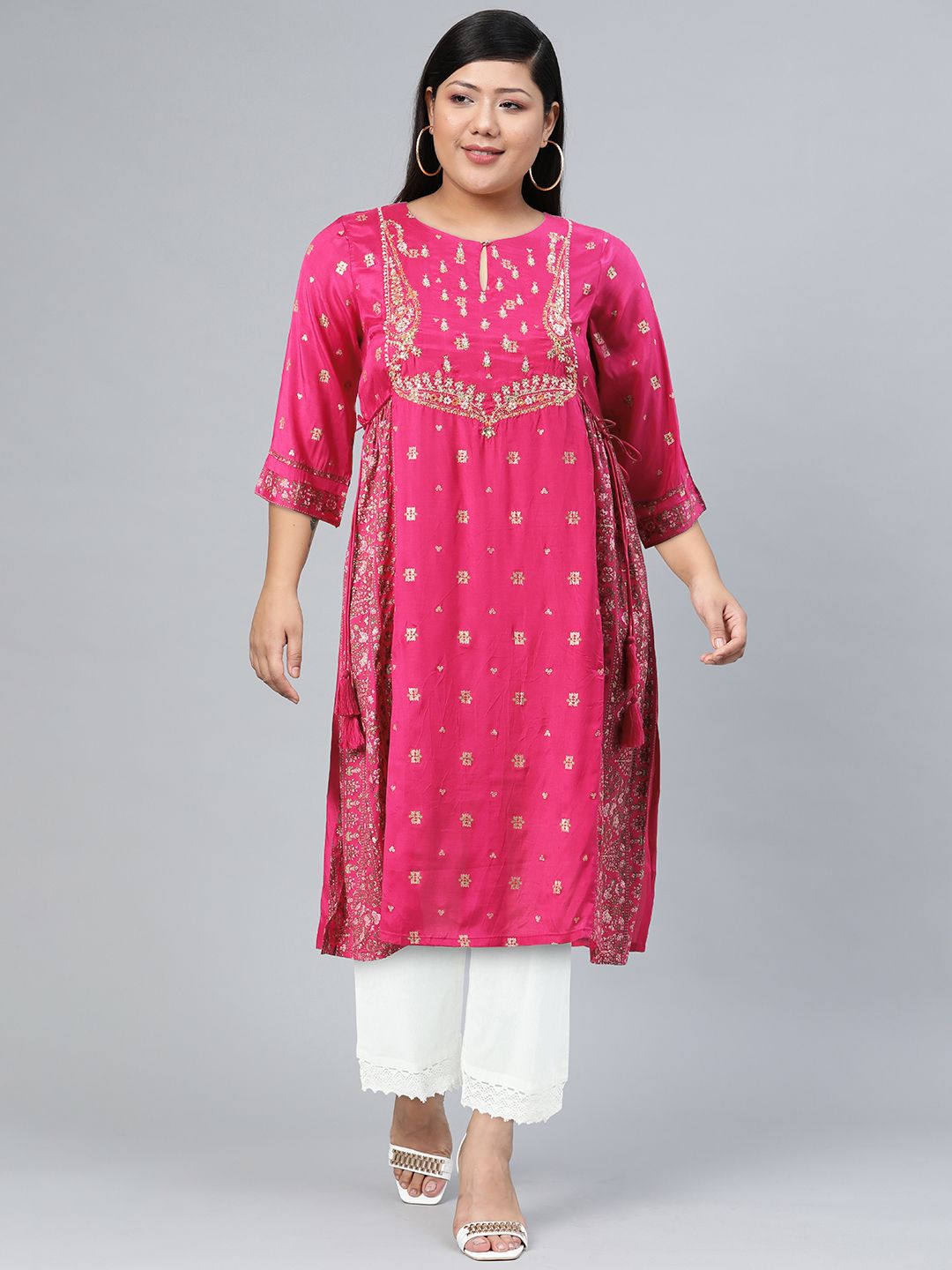 W Women Pink Ethnic Motifs Embellished Handloom Anarkali Kurta