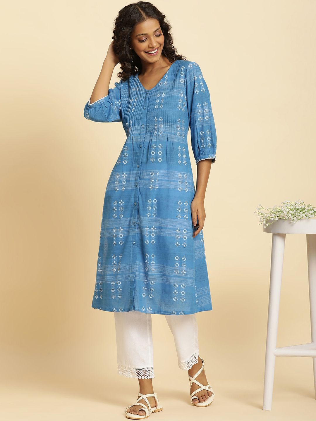 W Floral Woven Design Puffed Sleeves Panelled Pure Cotton A-Line Kurta