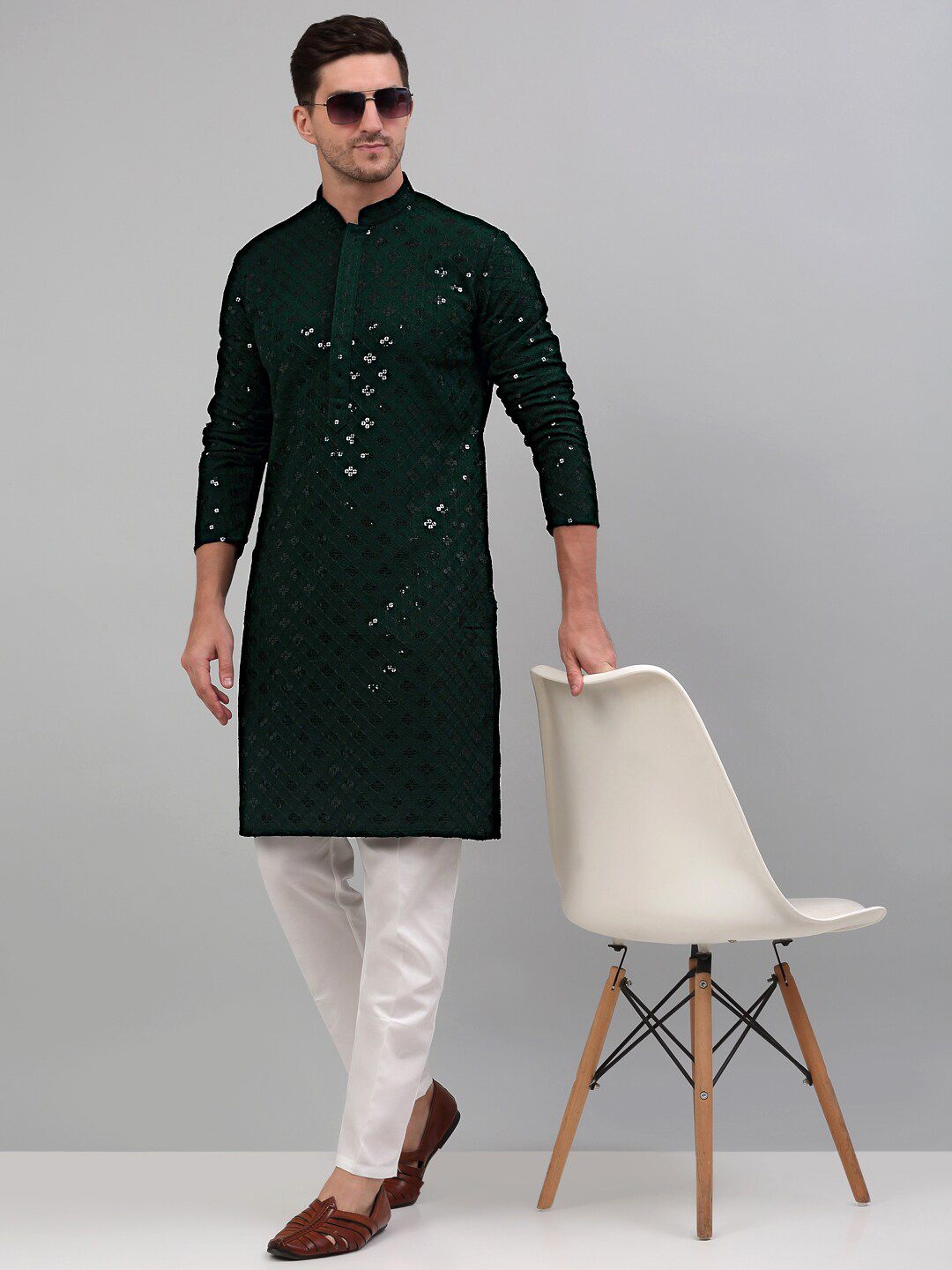 Jompers Mandarin Collar Embroidered Chikankari Straight Kurta With Pyjamas