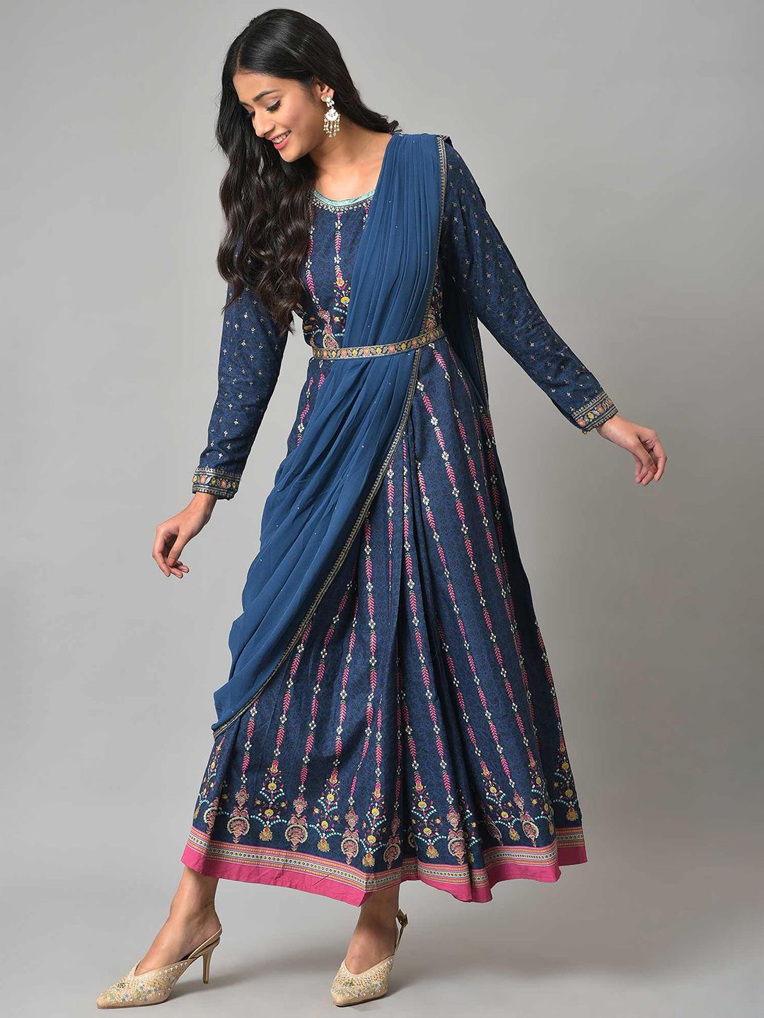 W Blue Ethnic Motifs Ethnic Maxi Dress
