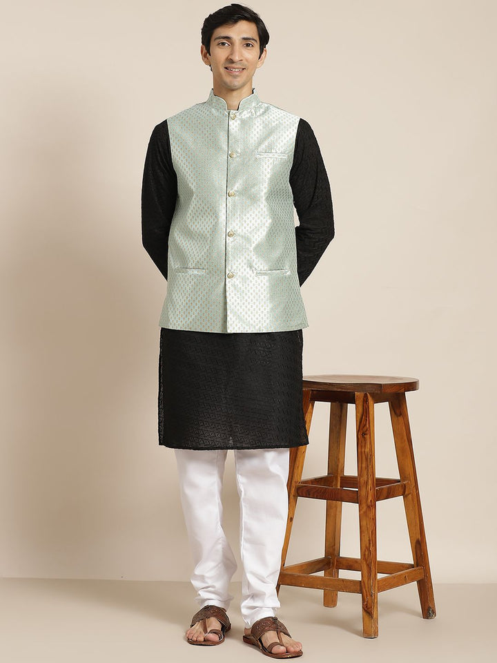 SOJANYA Lelaki Motif Etnik Hitam Chikankari Kurta Kapas Tulen dengan Jaket Churidar & Nehru