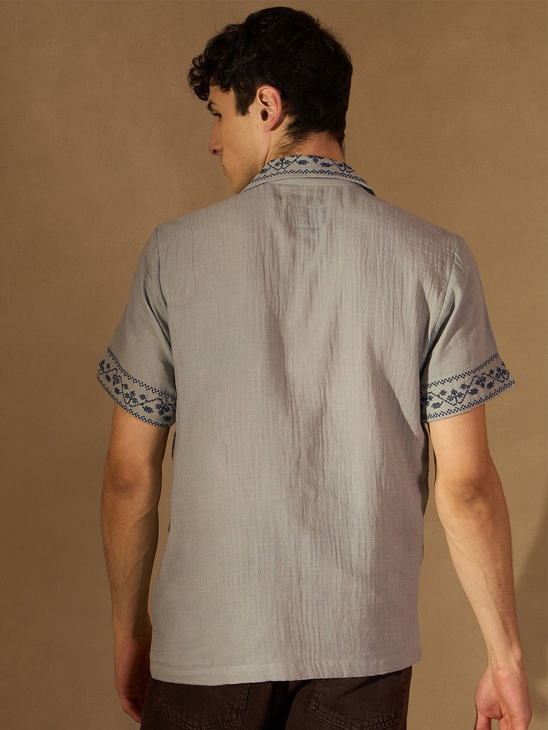 DENNISON Men Embroidered Oversized Cuban collar Short Slevees Traditional Casual Shirt