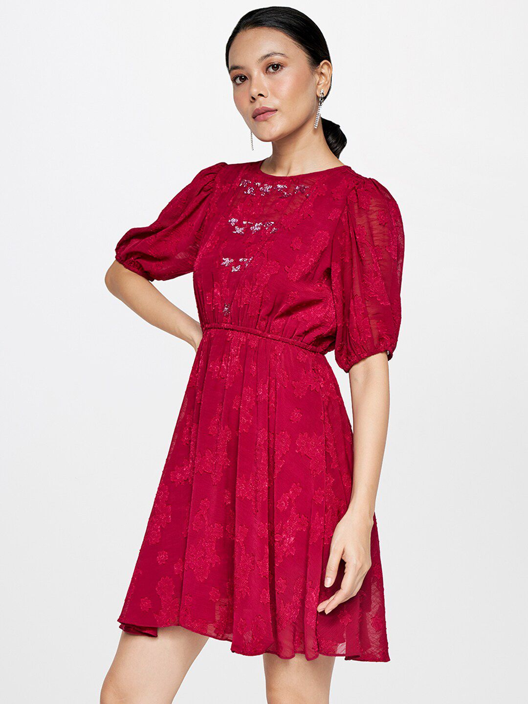 AND Maroon Puff Sleeve Fit & Flare Dress