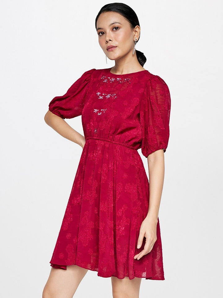 AND Maroon Puff Sleeve Fit & Flare Dress