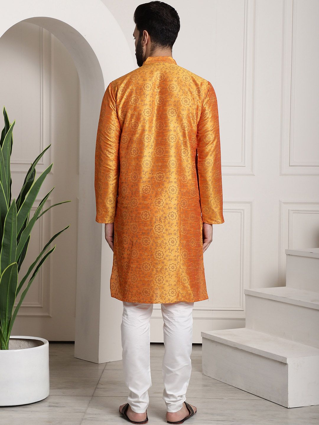 SOJANYA Men Orange & White Ethnic Motifs Printed Regular Kurta with Churidar