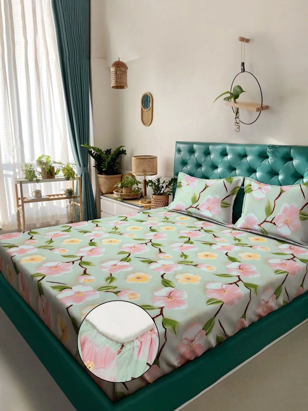 Myntra Elegant Homes Green Floral 400 TC King Bedsheet with 2 Pillow Covers