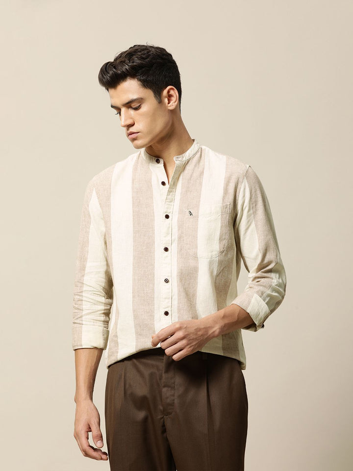 Mr Bowerbird Men Brown & Off White Tailored Fit Striped Cotton Linen Casual Shirt