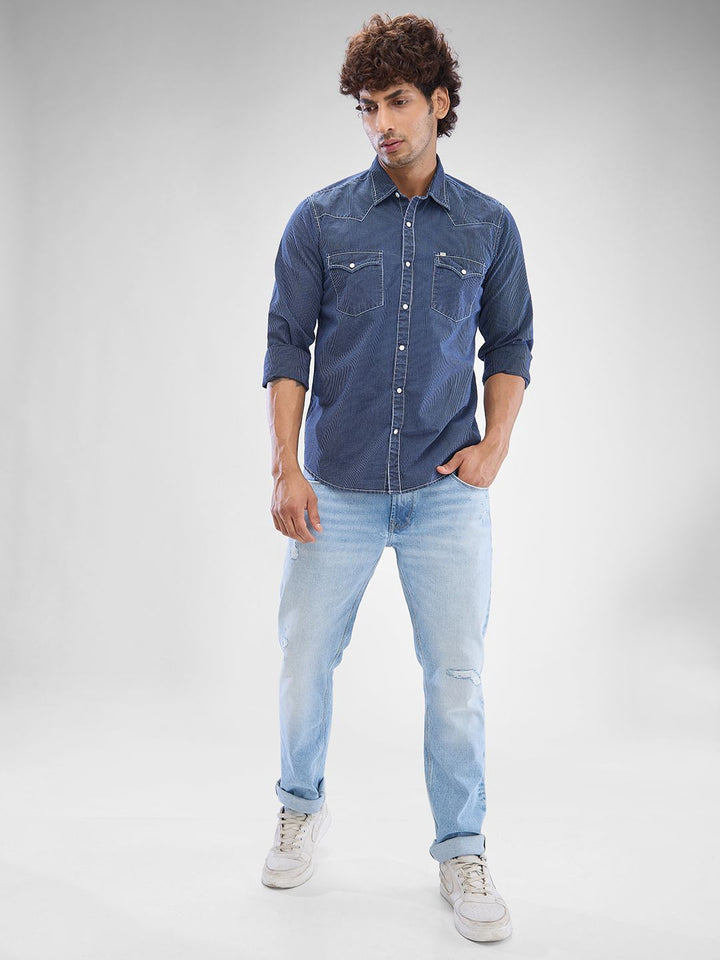 SPYKAR Men Striped Pocket Detailing Indigo Slim Fit Casual Shirt