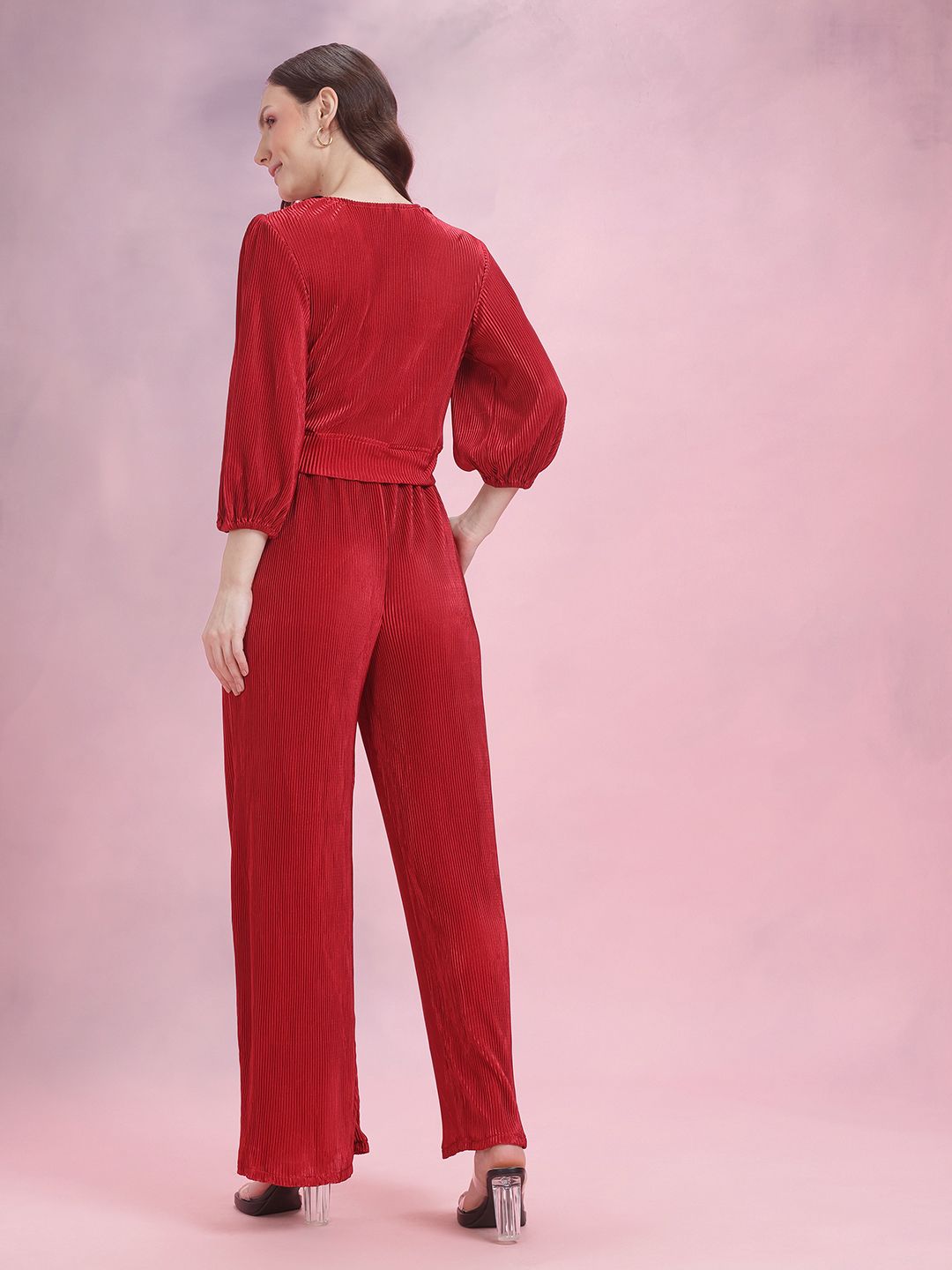 DressBerry Accordian Pleats Satin Puff Sleeves Crop Wrap Top with Trousers