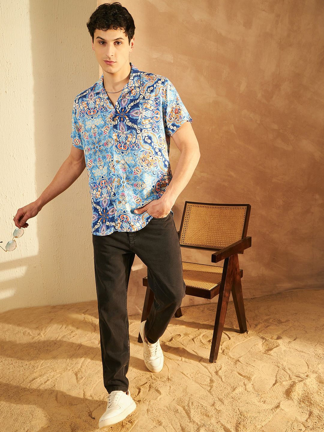 DENNISON Smart Floral Printed Cuban Collar Short Sleeves Casual Shirt