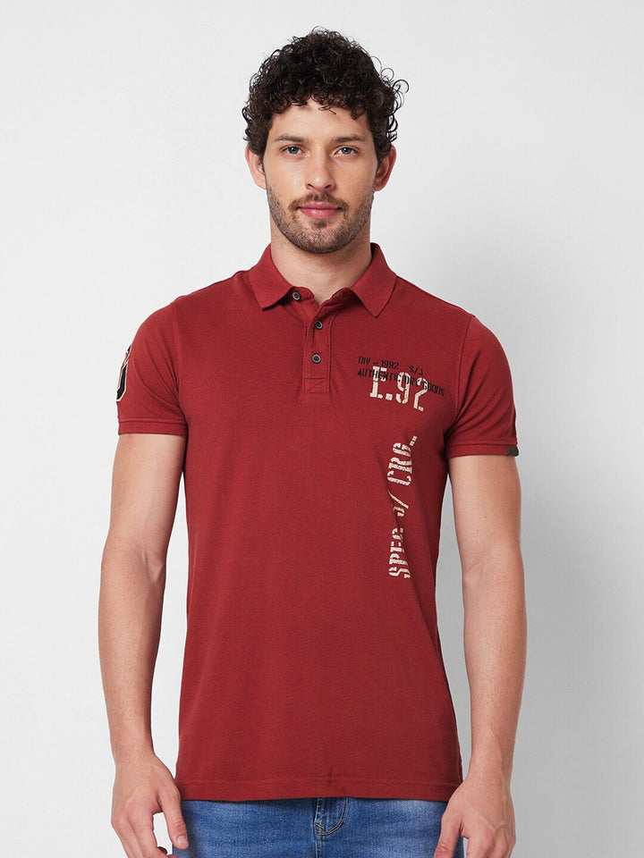 SPYKAR Typography Printed Polo Collar Slim Fit Cotton T-shirt