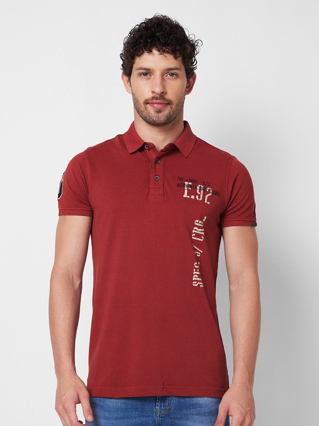 SPYKAR Typography Printed Polo Collar Slim Fit Cotton T-shirt