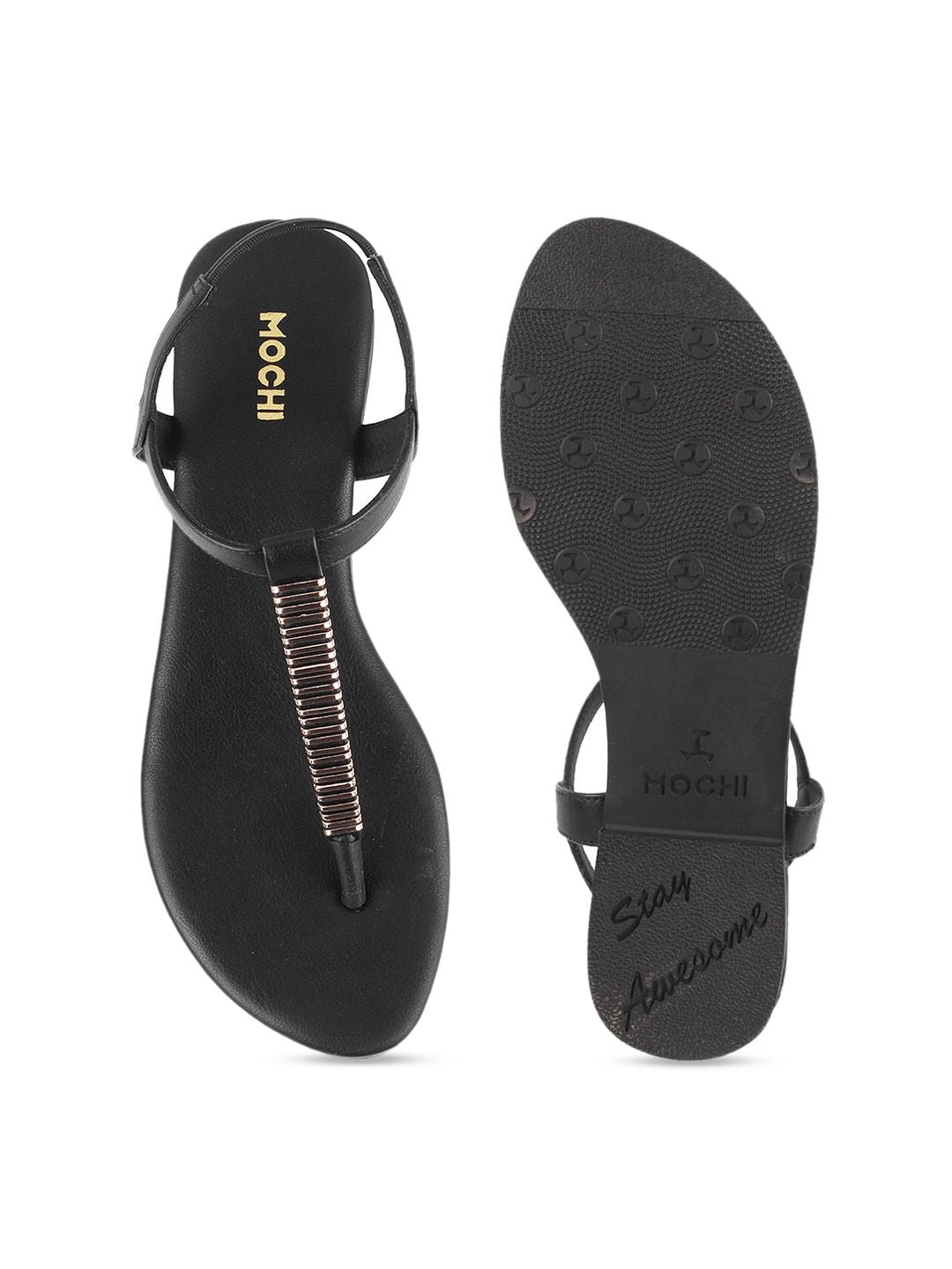 Mochi Women Black Embellished T-Strap Flats
