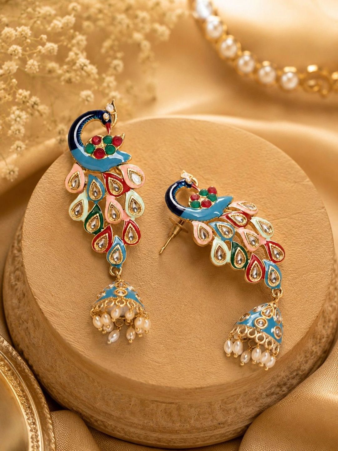 PANASH Gold- Plated Artificial Stones Studded And Beaded Peacock Shaped Drop Earrings